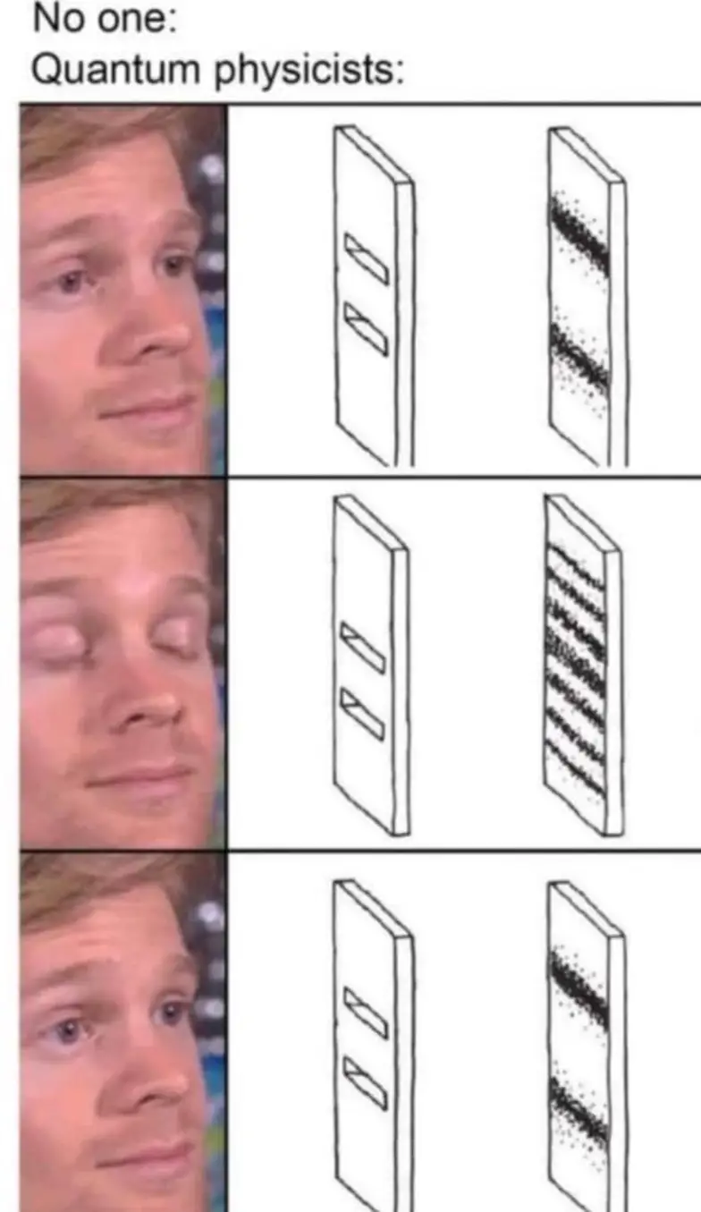 This meme is a humorous depiction of a person's emotional response to a complex scientific concept. The image shows a cartoon character with a shocked expression, followed by a series of increasingly absurd and fantastical visualizations of quantum mechanics. The text above the images reads "In 2D space, quantum mechanics is a simple concept. In 3D space, it's complicated. In 4D space, it's just really weird."